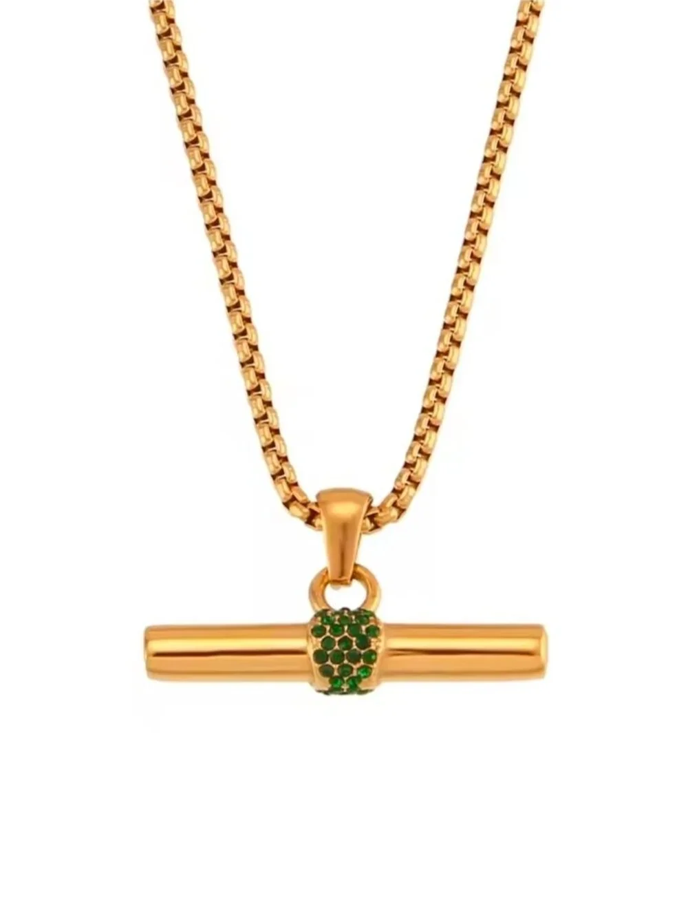 Gold Bar Pendant Necklace with Green Accent